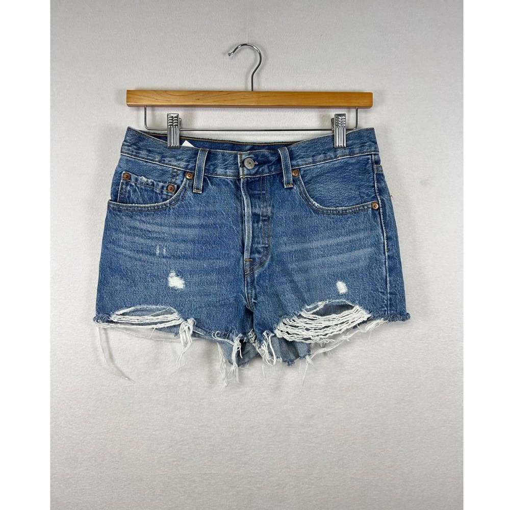 Levi's 501 Denim Shorts Distressed Cut Off Raw Hem‎ Blue Women's W26